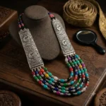 Oxidised Silver Multi-Strand Peacock Beaded Necklace
