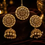 Antique Gold-Plated Kundan Jhumka Earrings ,Maang Tikka Set