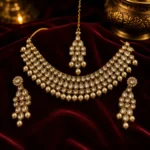 Gold-Plated Teardrop Kundan Choker Necklace Set with Drop Earrings, Maang Tikka