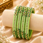 Premium Gold-Plated Lime Green Zircon & Bead Glass Bangle Set