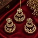 Gold-Plated Maroon Bead and Kundan Double-Crescent Chandbali Set