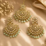Gold-Plated Kundan and Mint Green Beaded Maang Tikka  Earring Set
