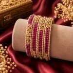 Premium Gold-Plated Magenta-Ruby, Kundan & Pearl Bangle Set