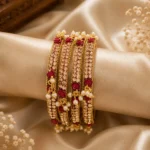 Gold-Plated Handcrafted Rose Bangle Kada Set with Crystal & Pearl