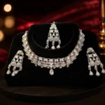 Platinum-Finish Regal American Diamond Choker Jewelry Set with Chandelier Earrings
