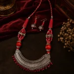 Vintage Oxidized Silver Tribal Hasli Necklace and Earrings Set with Crimson Red Beads