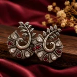 Oxidised Silver Peacock Stud Earrings with Ruby ,Clear Crystal Accents