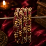 Royal Antique Gold Bridal Bangle Set with Maroon Crystals and Seed Pearls