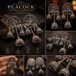 Oxidised Silver Peacock Jhumka Earrings with Ruby & Emerald Stone