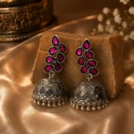 Oxidized Silver Pink Stone Jhumka Earrings