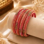 Premium Gold-Plated Rose Pink glass &;Crystal Bangle Set