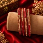 Premium Gold-Plated Ruby Red & Golden Crystal Glass Bangle Set