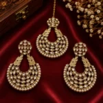 Gold-Plated White Kundan Chandbali Earrings with Maang Tikka Set