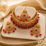 Gold-Plated Kundan Choker Jewelry Set with Chandbali Earrings & Maang Tikka