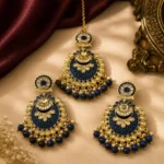 Gold-Plated Navy Blue Meenakari and Kundan Maang Tikka and Earring Set