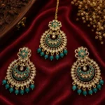 Gold-Plated Emerald Green Kundan Chandbali Earrings and Maang Tikka Set