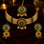 Gold-Plated Emerald Green Meenakari Pearl Choker Jewelry Set with Jhumka Earrings