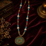 Handcrafted Tribal Antique Gold Statement Necklace with Turquoise and Ruby Beads