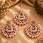 Gold-Plated Pink Kundan Chandbali Earring and Maang Tikka Set