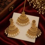 Gold-Plated Honey-Champagne Crystal Fan Earrings and  Maang Tikka Set
