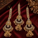 Antique Gold-Plated Peach and Pearl Jhumka Earrings and Maang Tikka Set